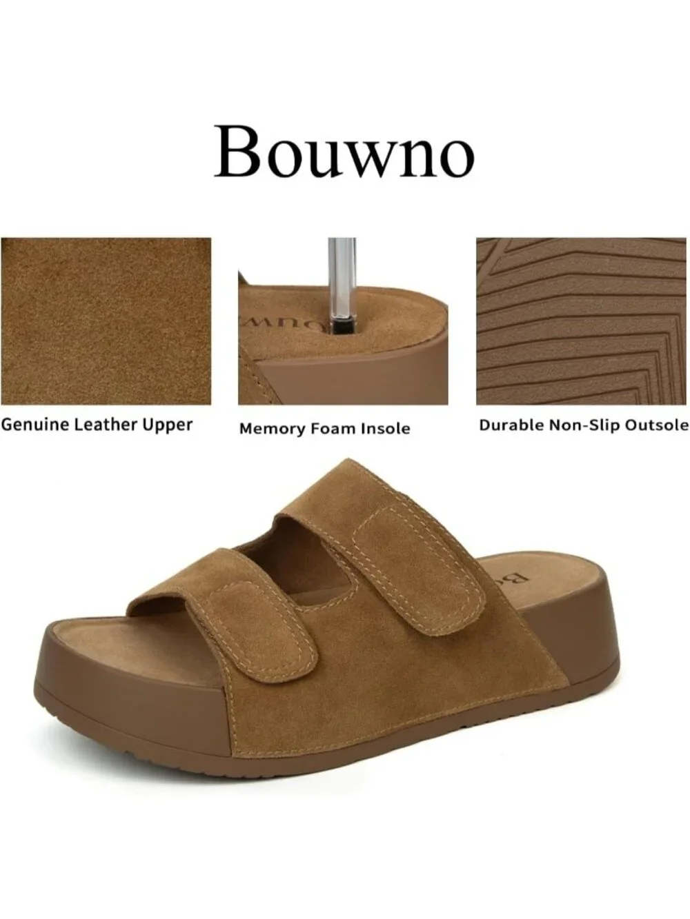 Womens Brown Genuine Leather Slip on Beach Slide Buckle Platform Sandal Shoes